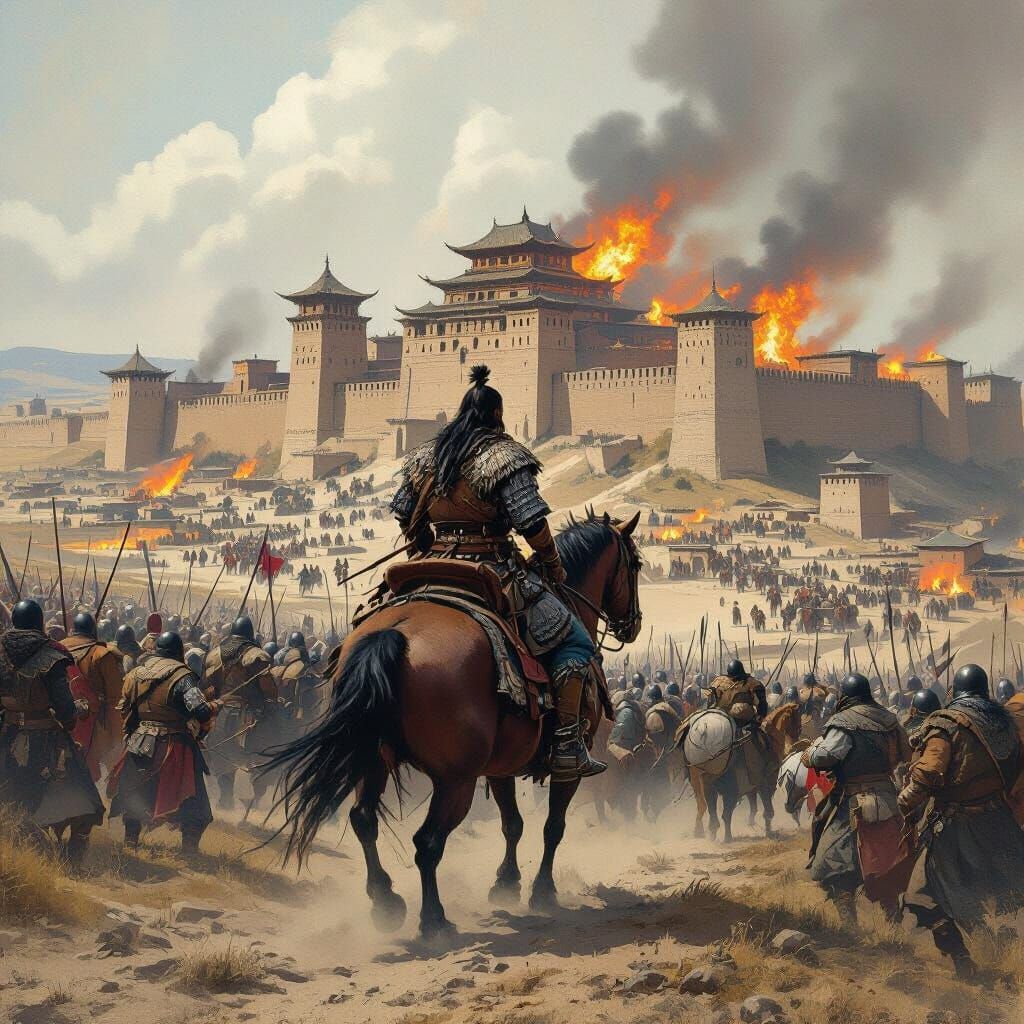 Mongol Army Destroying City in Frazetta Style
