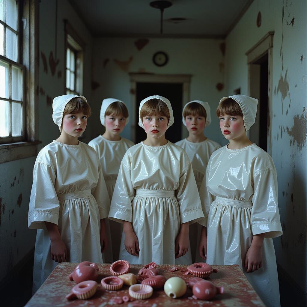 Eerie Choirboys in Ruined Convent, Dark Surrealism