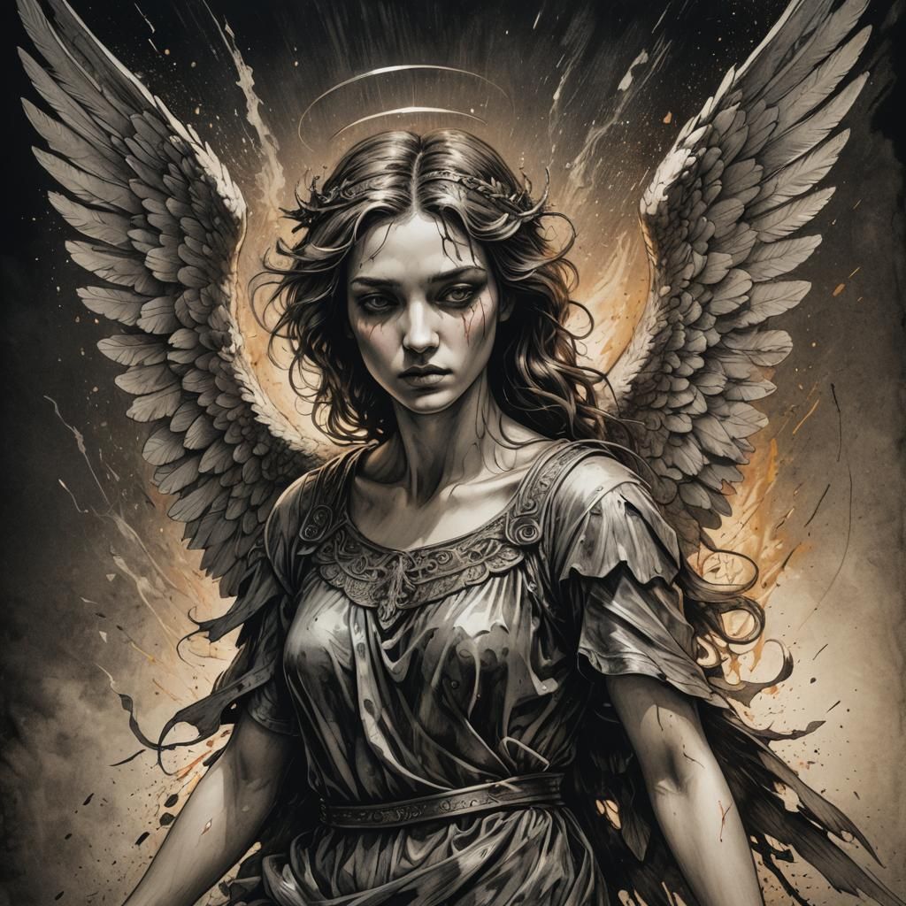 Fallen Angel in Pencil Line Drawing