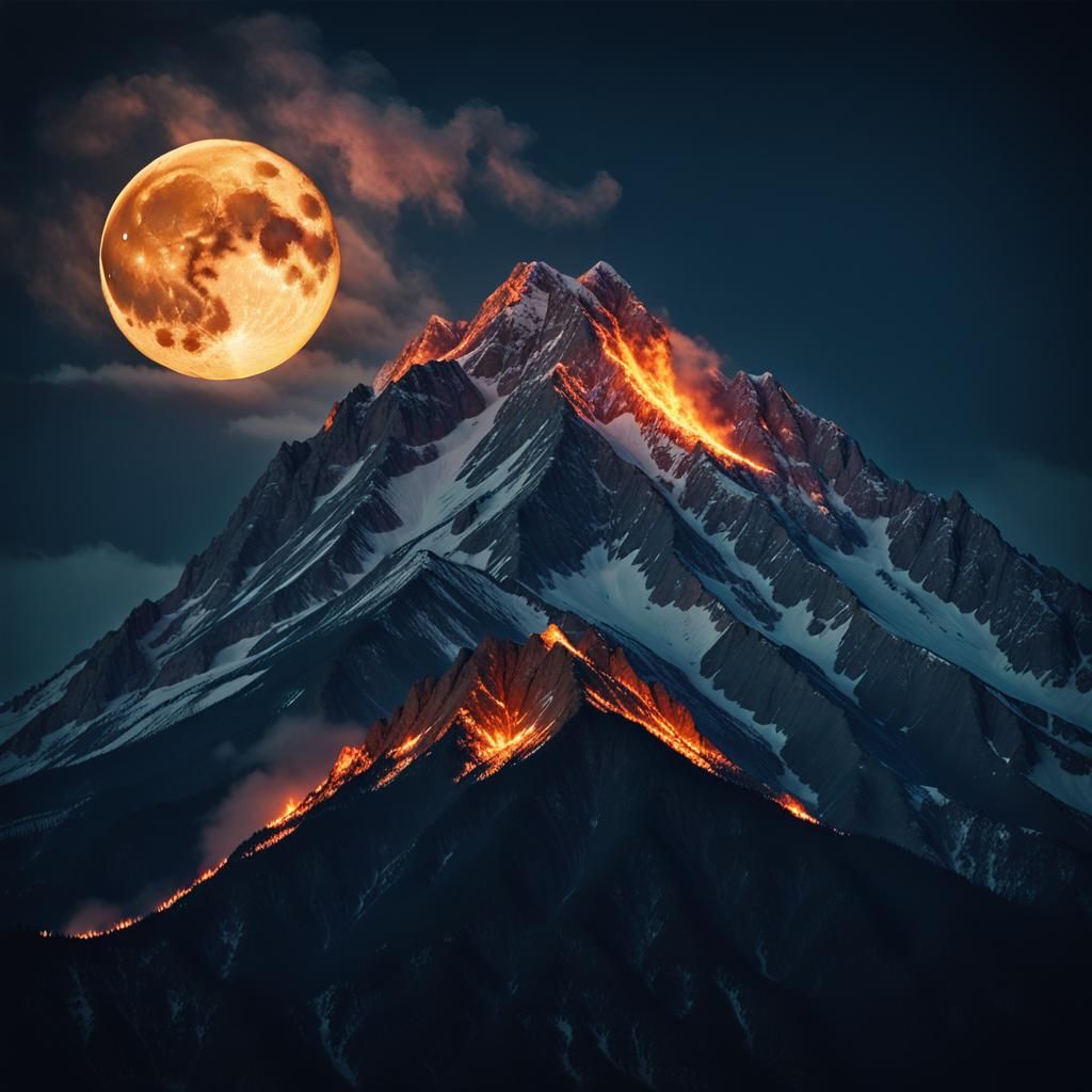 Fiery Mountain Under Moonlight: Cinematic Night Scene
