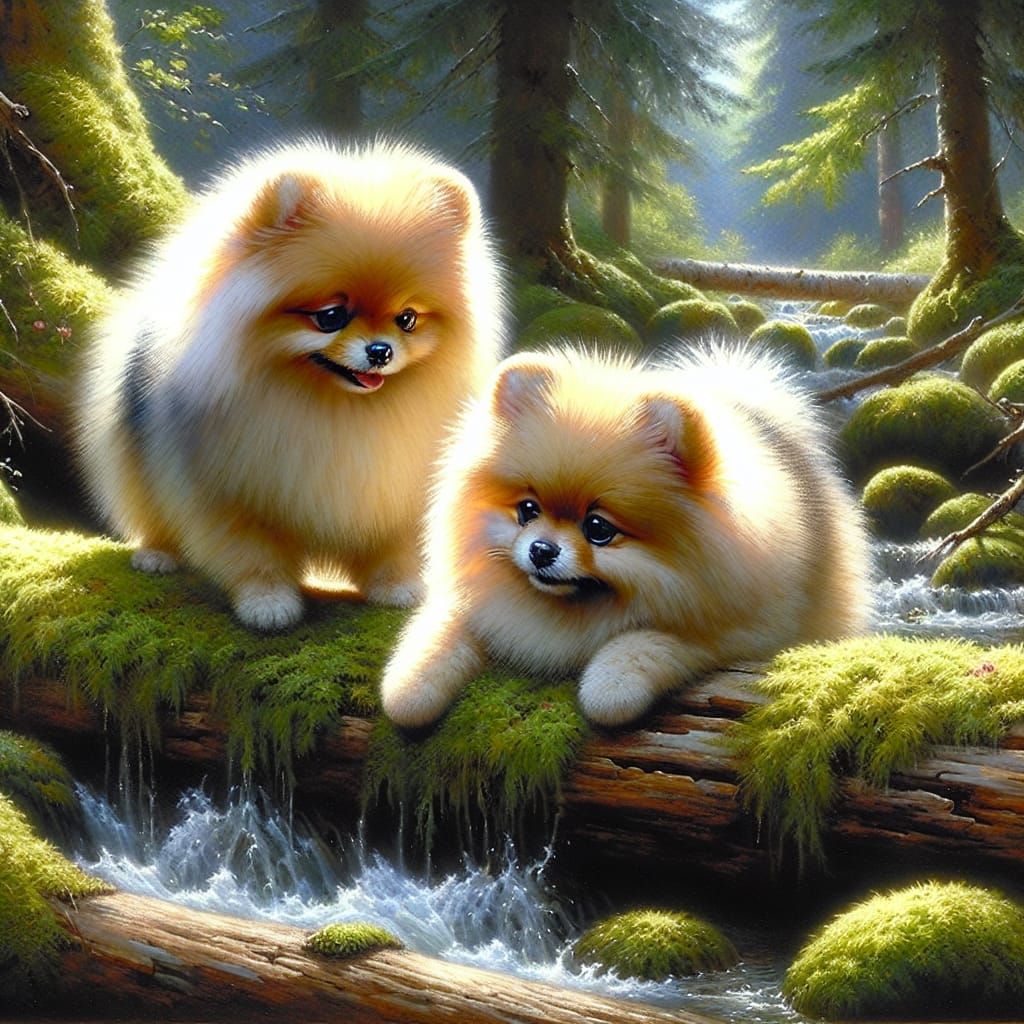 Pomeranians Playing in Forest as Watercolor Painting