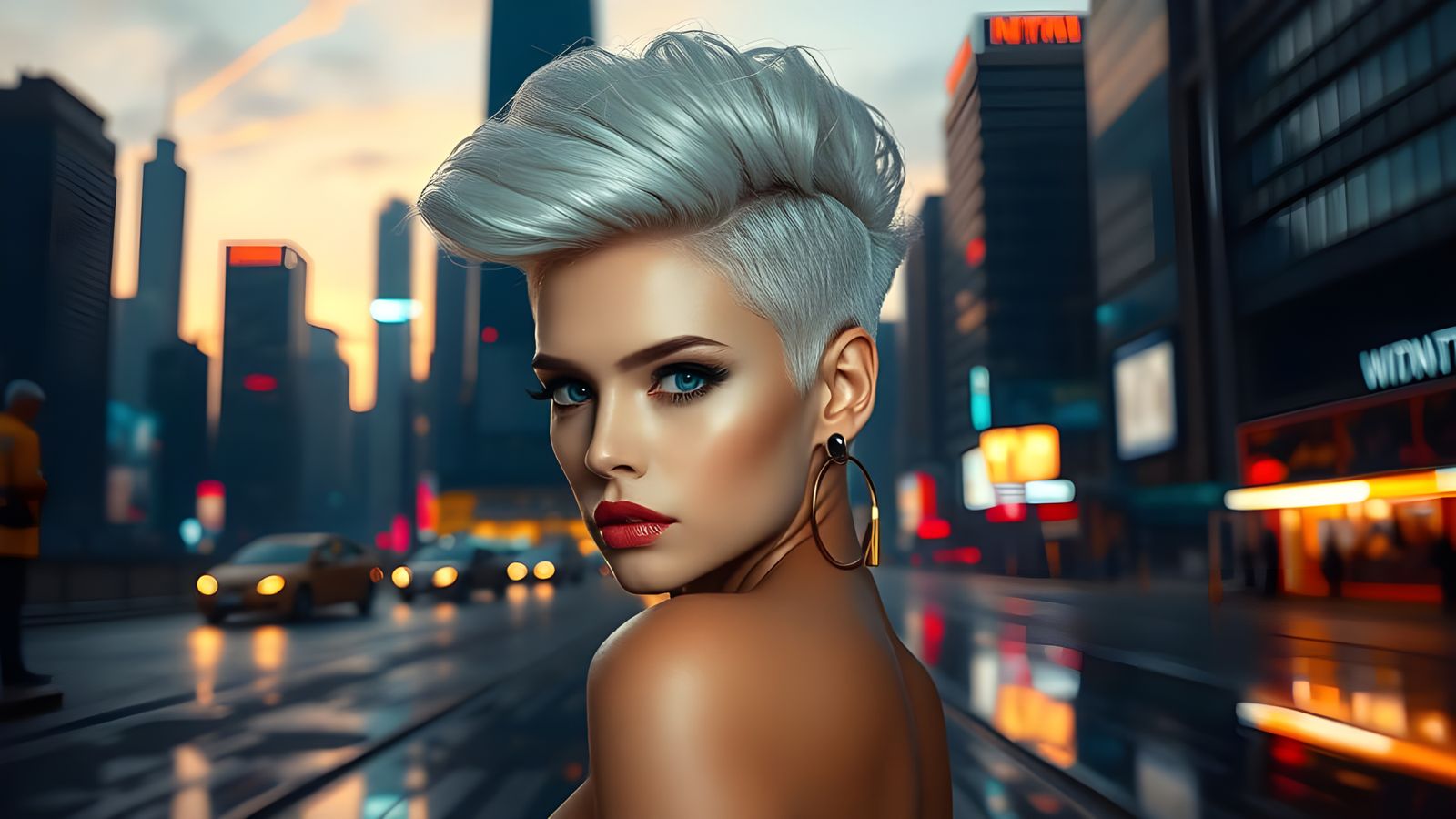 Regal Fashion Model in Futuristic Sci-Fi Cityscape