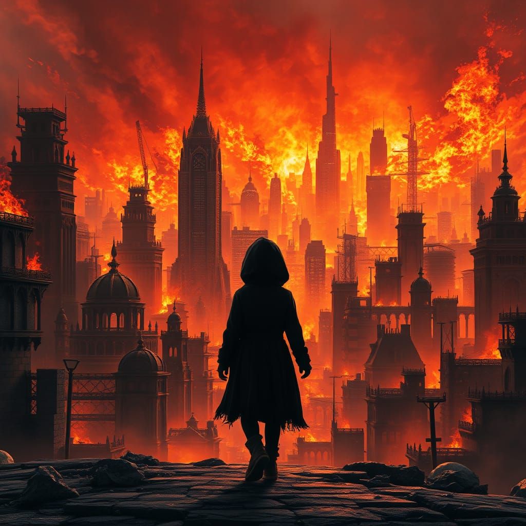Girl Walks Away from Burning Fantasy City