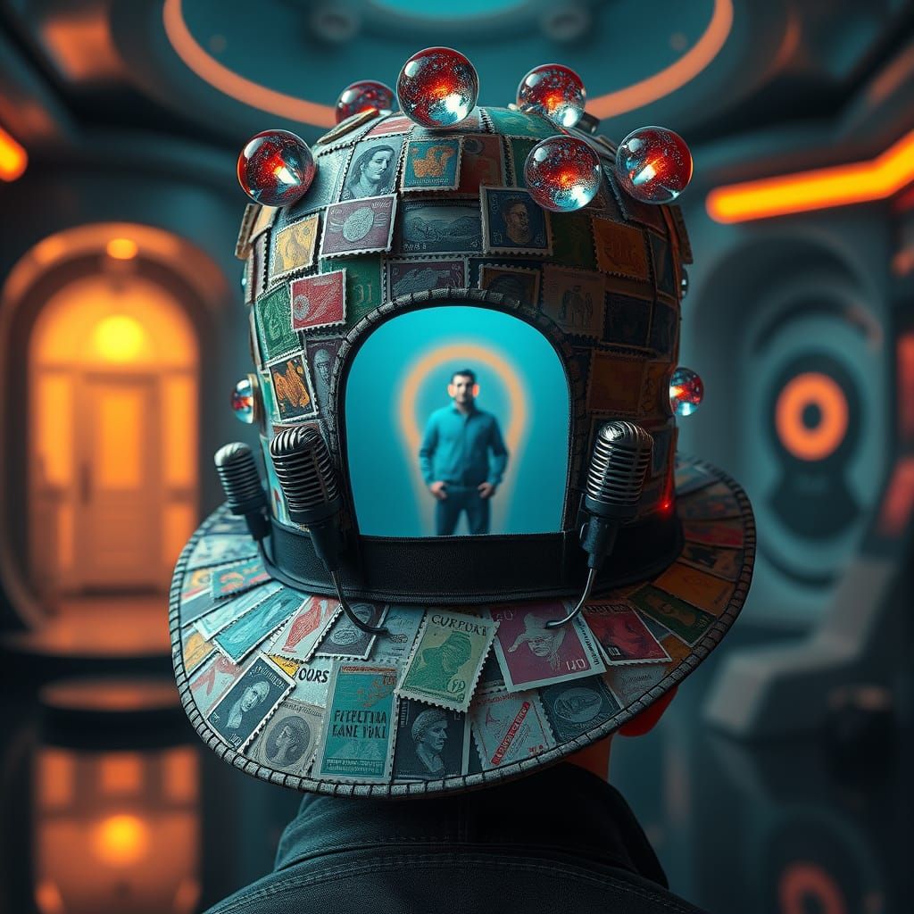 Surreal Hat of Postage Stamps and Neon Spheres