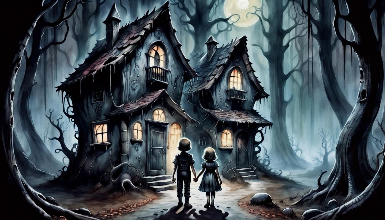 Eerie Hansel and Gretel in Watercolor Style
