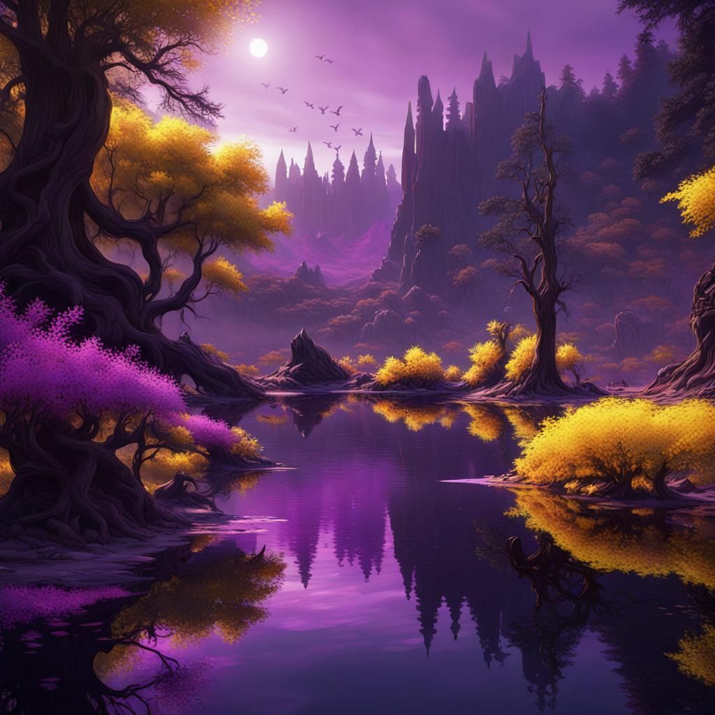 Dark Fantasy Lake with Flora and Fauna