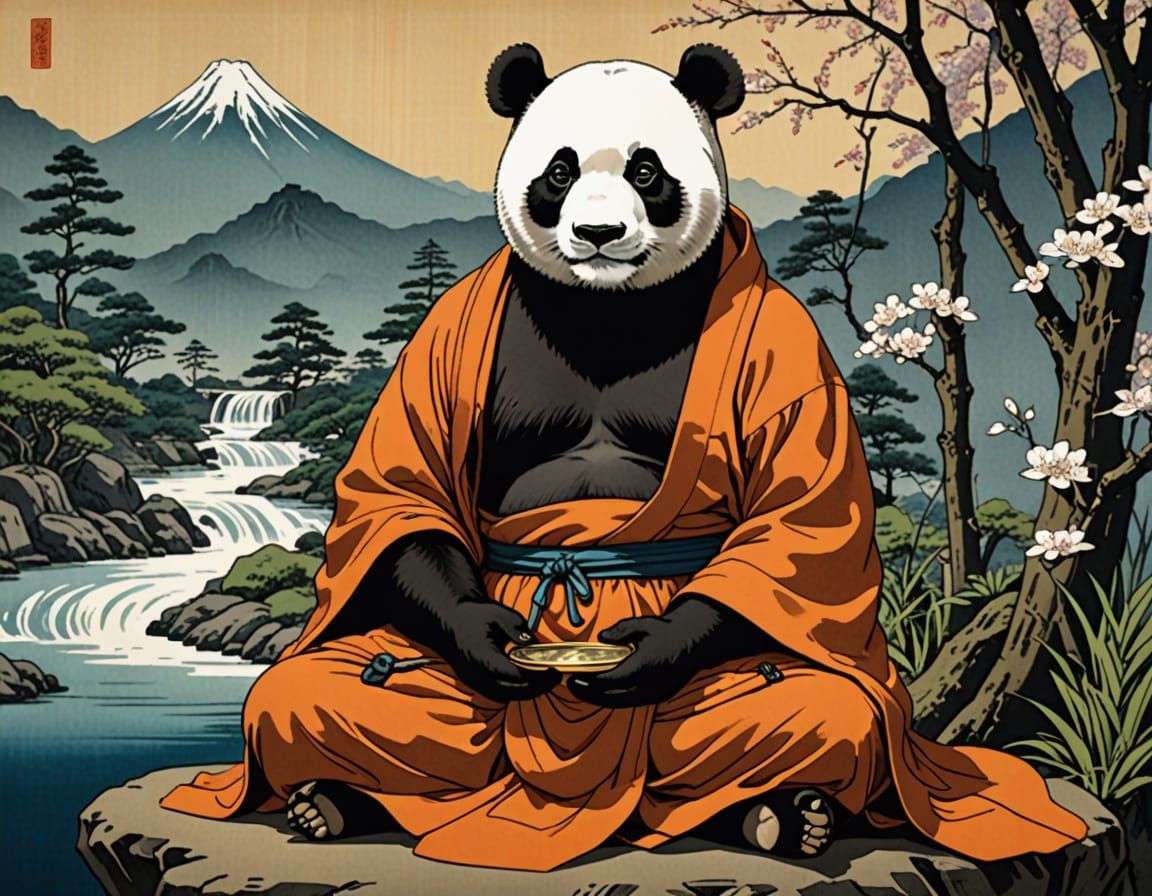 Surreal Buddhist Monk Panda in Traditional Japanese Art Styl...