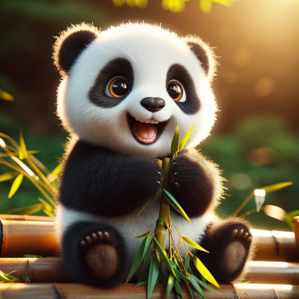 Joyful Panda Bear Enjoying Bamboo Lunch