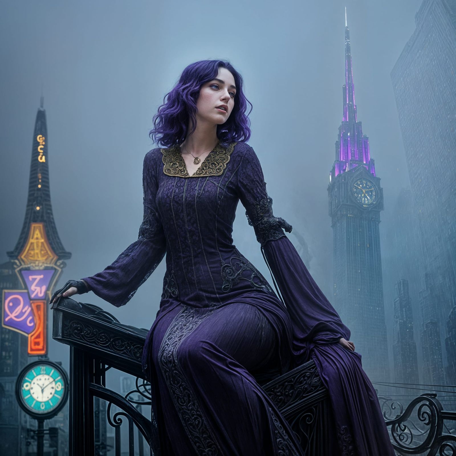 Noir City Woman in Scaly Dress on Art Deco Skyscraper