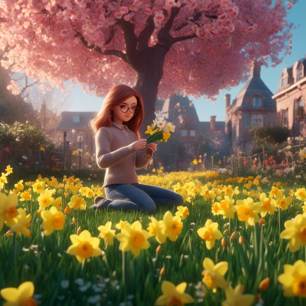Anna Kendrick in Garden with Daffodils: 3D Digital Art