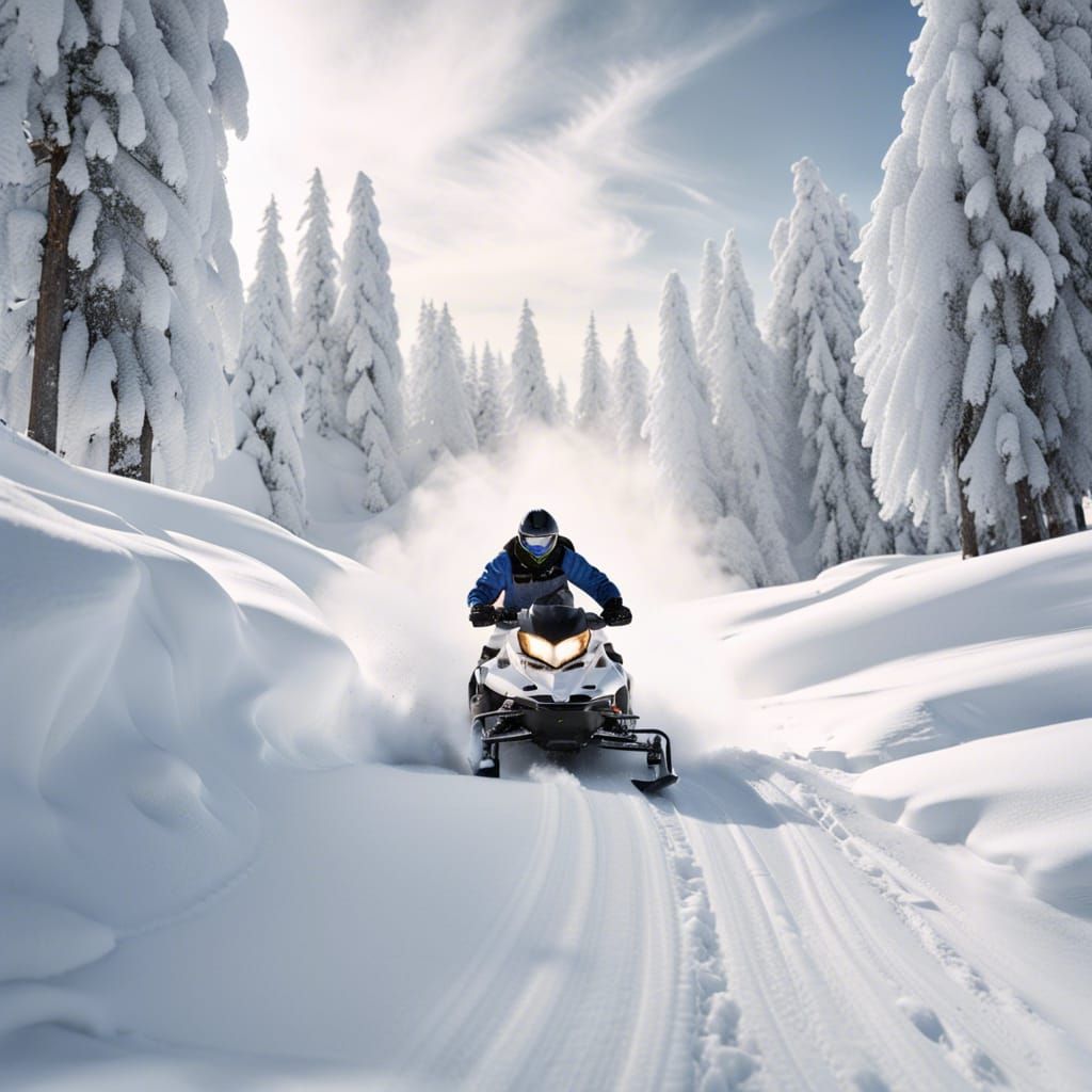 Snowmobile in Deep Powder Snow Winter Wonderland