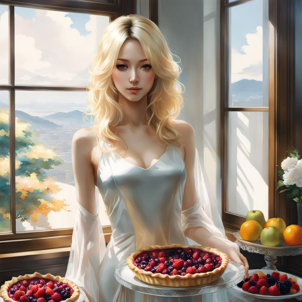 Anime Woman with Pie Vogue-Style Photo