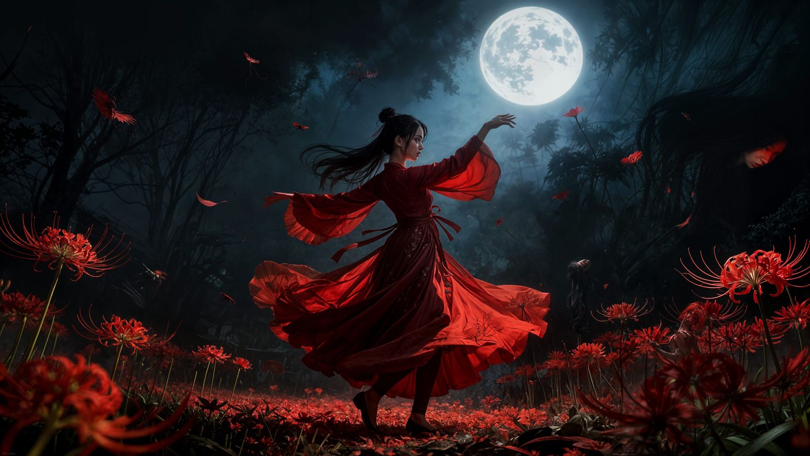 Girl Dancing Among Sinister Red Spider Lilies