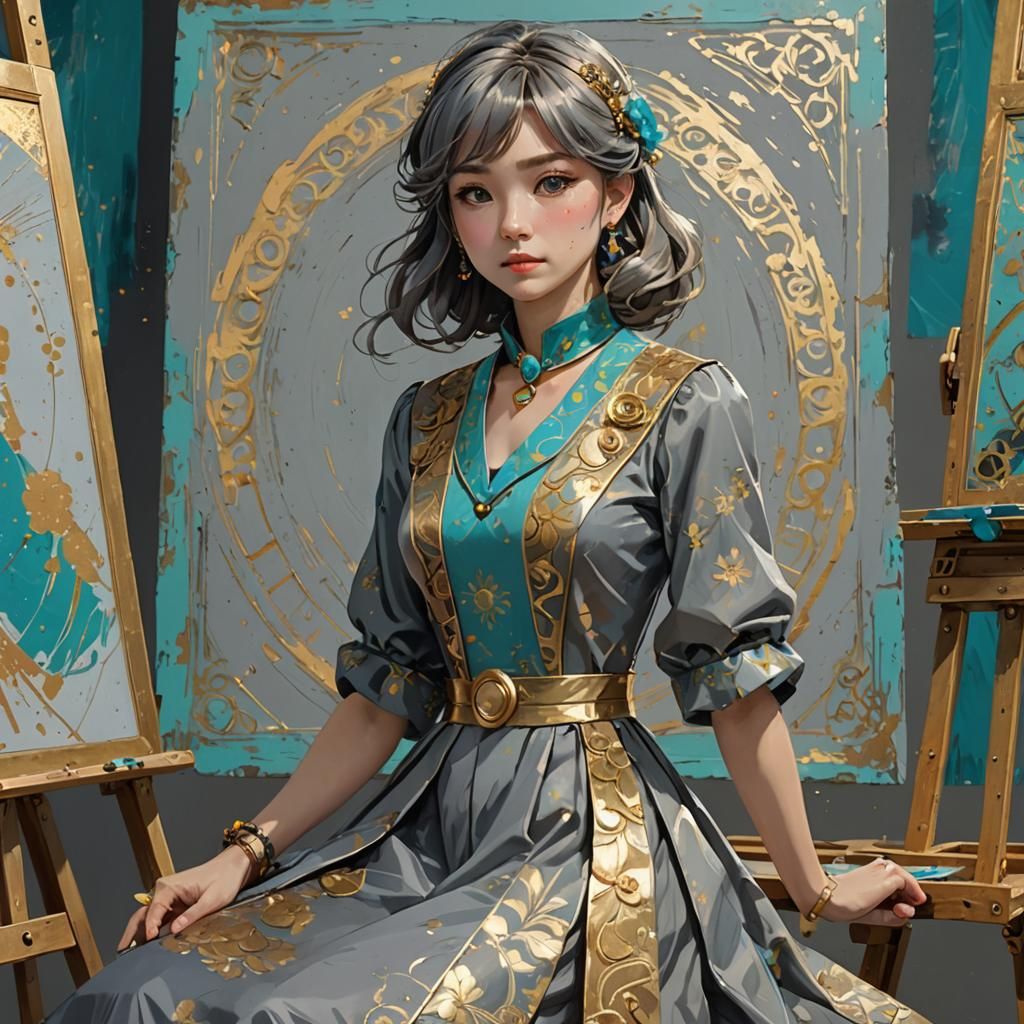 Anime Portrait of Woman in Gray Dress