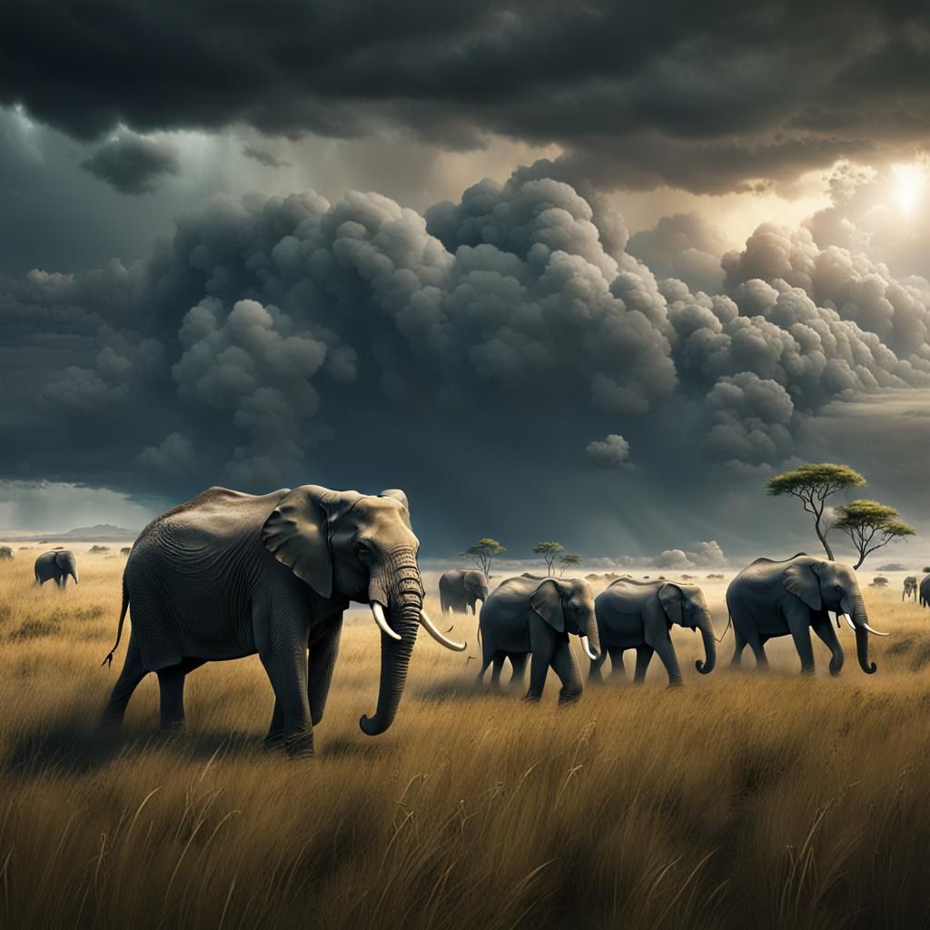 Elephants Crossing Plains Under Stormy Sky