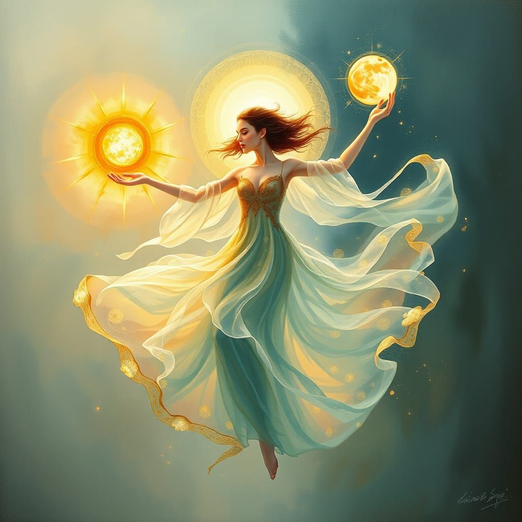 Ethereal Dancer Holds Radiant Sun and Glowing Moon
