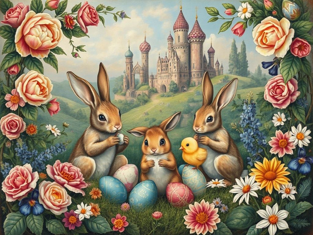 Whimsical Renaissance Landscape with Bunnies Painting Easter...