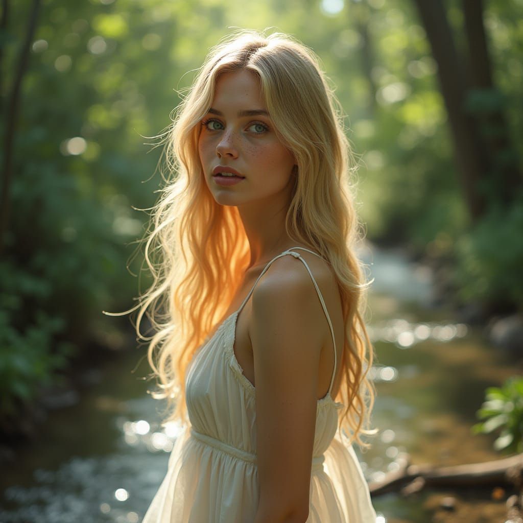 Beautiful 20s Woman in Sunlit Woodland, Mucha & Gurney Style