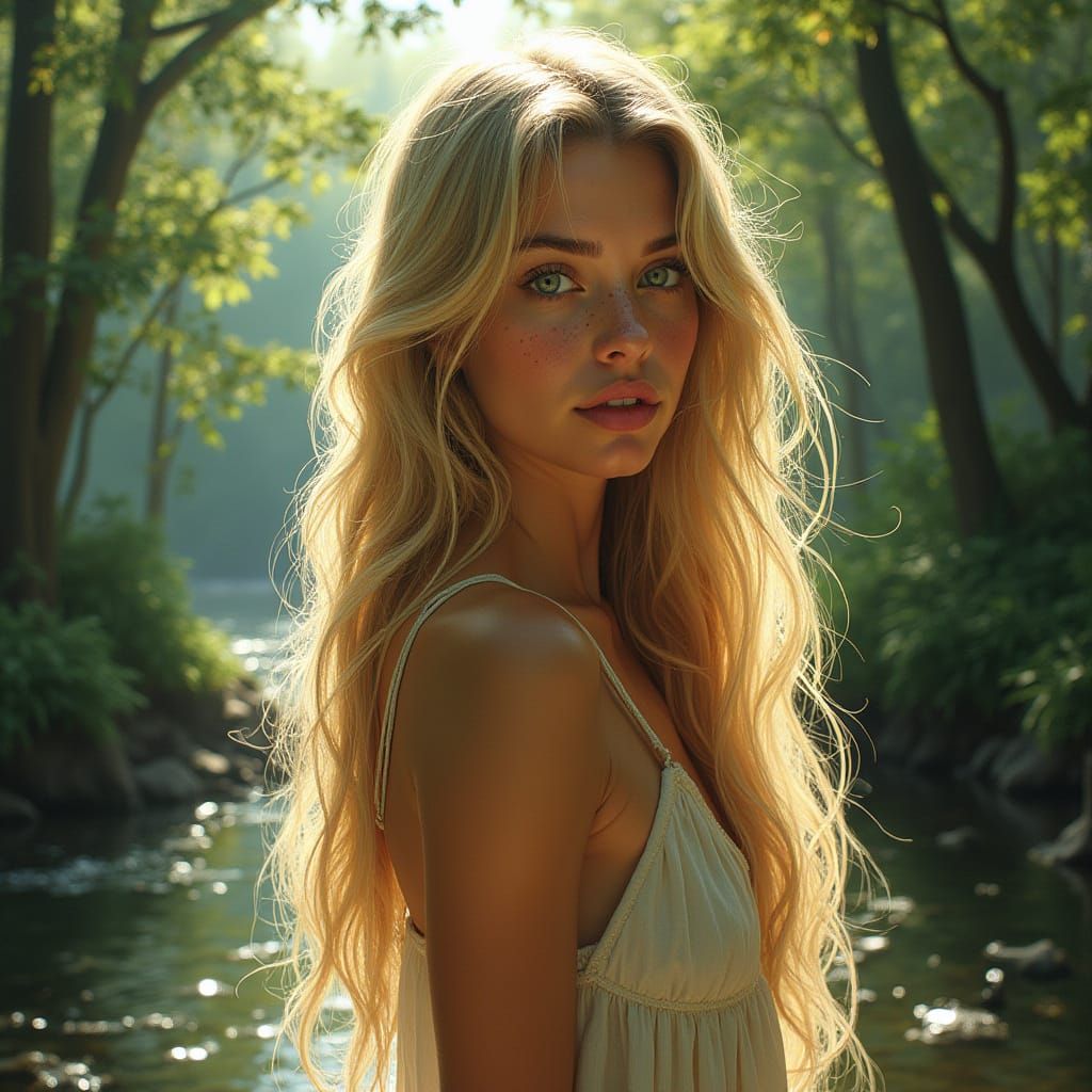 Beautiful Woman in Sun-Dappled Woodland, Acrylic & Pencil St...