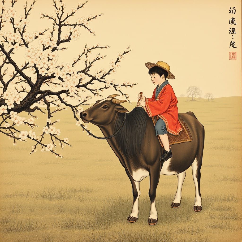Ogata Gekko, Boy on an ox picking the first spring blossom, 1900