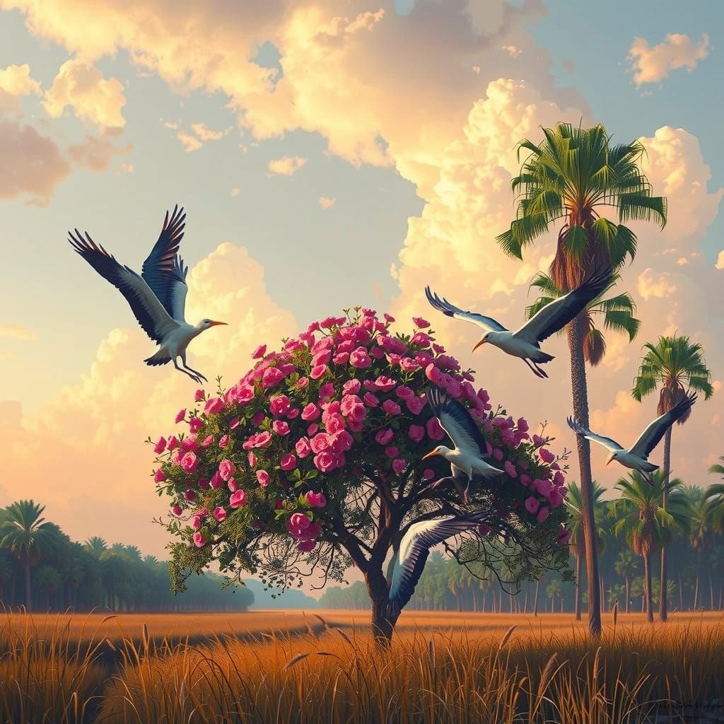 Ibis in Flight Around Myrtle Tree: Impressionist Painting