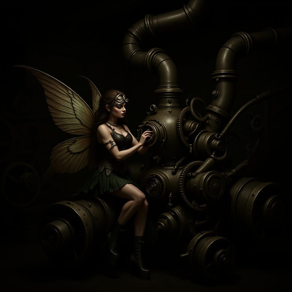 Steampunk Fairy Tinkering with Machine in Gritty Workshop