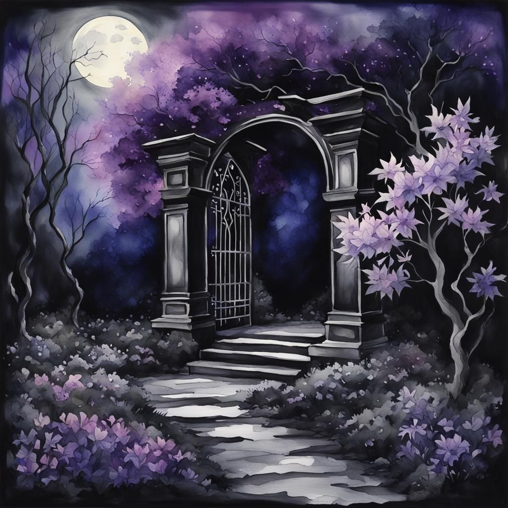 Monochromatic Moon Garden Landscape as Watercolor Painting