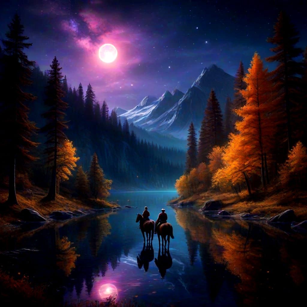 Cowboy and Cowgirl Ride Under Cosmic Sky