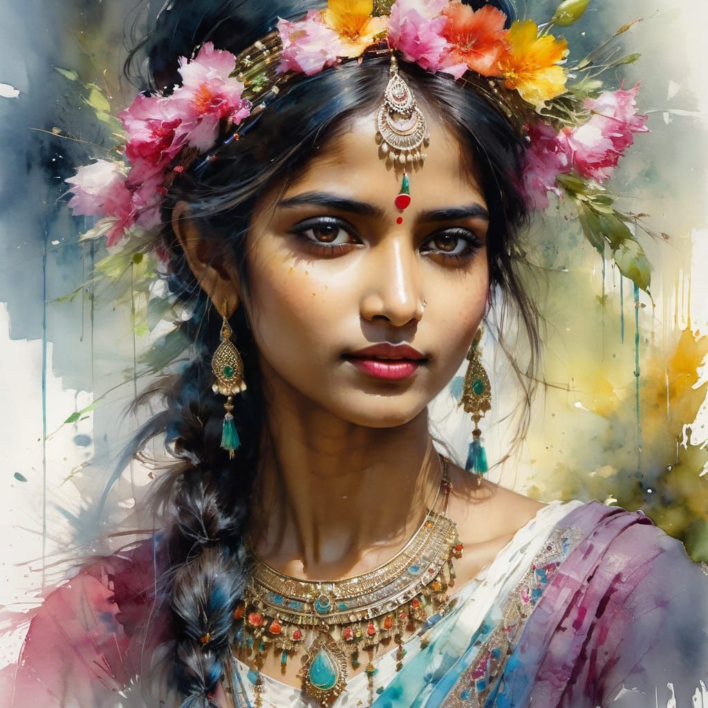 Glamorous Indian Woman in Whimsical Watercolor