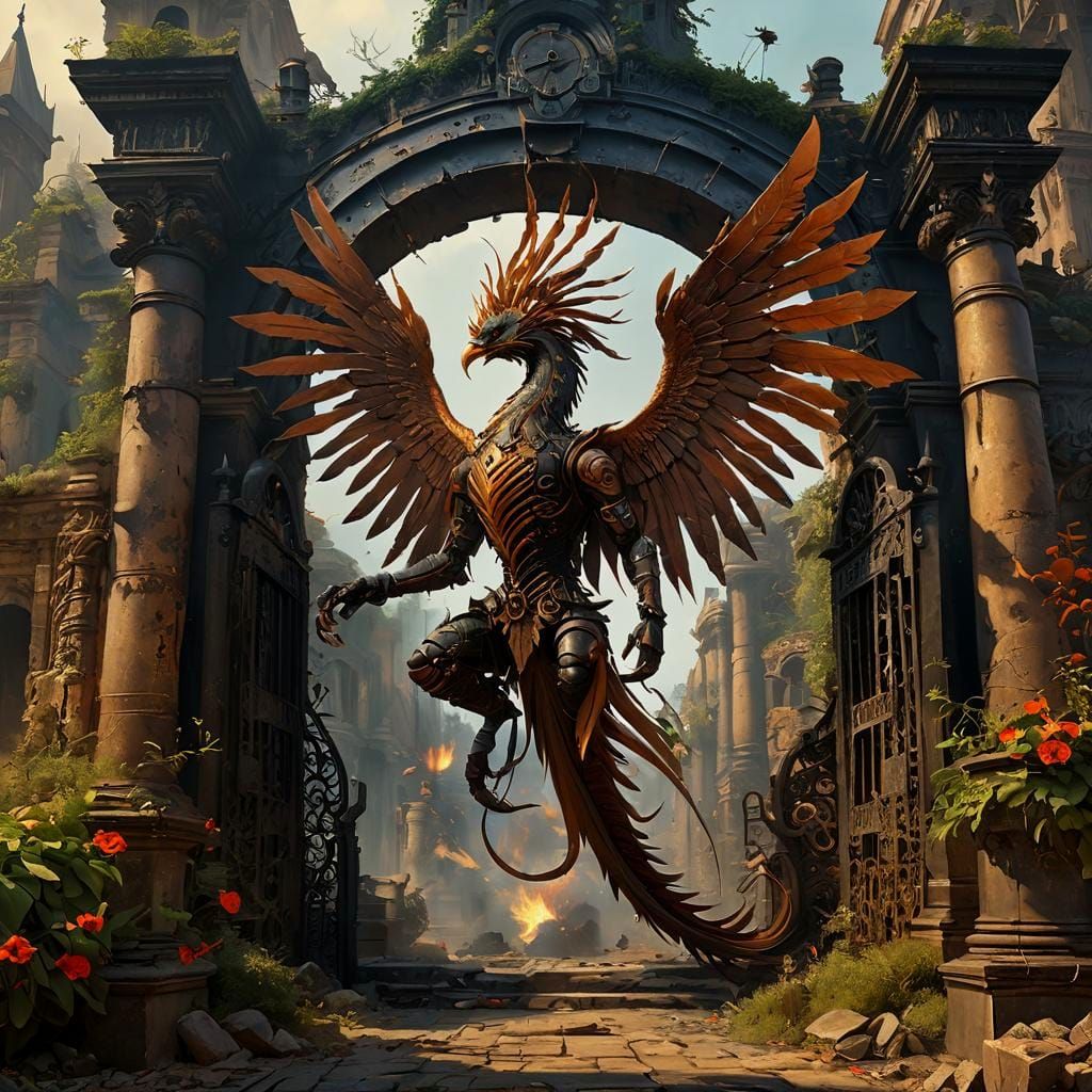 Clockworkpunk Phoenix Golem Battle in Decadent City