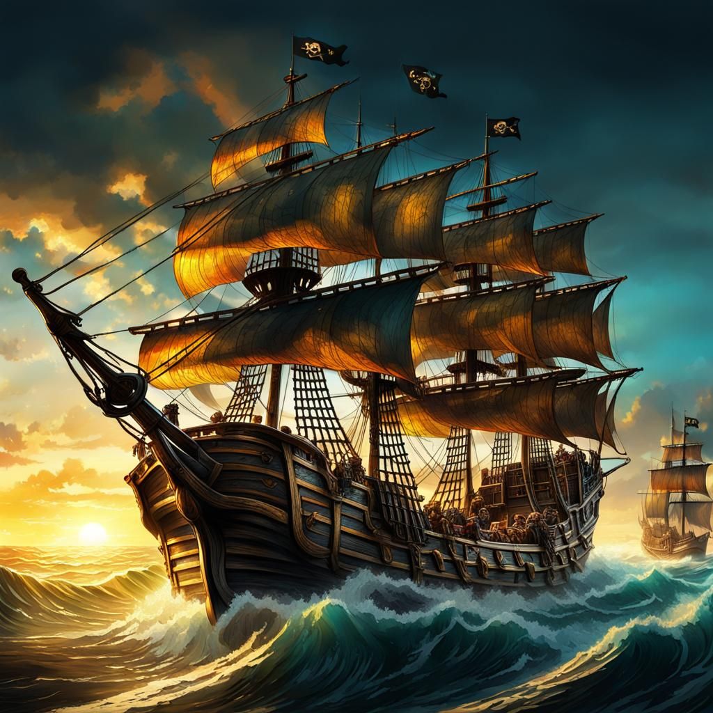 Pirate Ship Sailing Turbulent Sea: Fantasy Digital Art