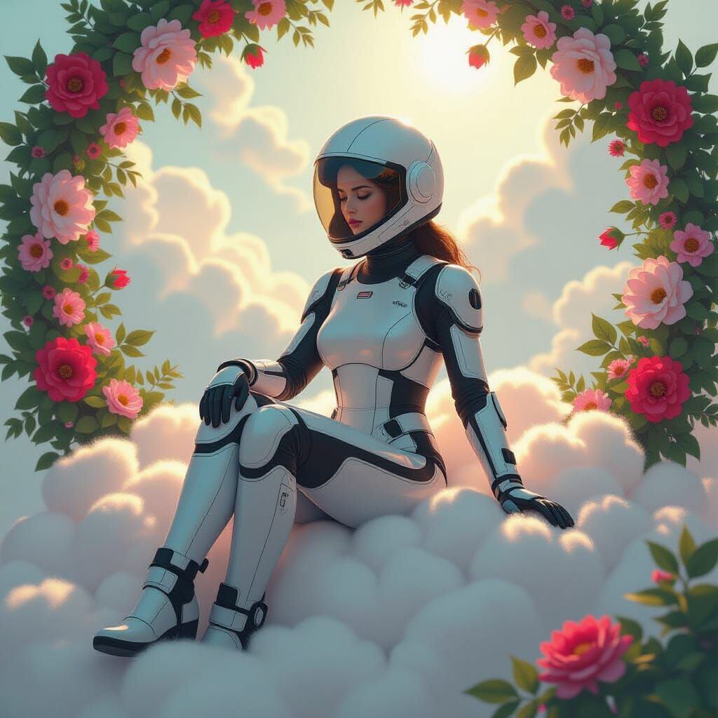 Woman in Spacesuit Surrounded by Floral Frame