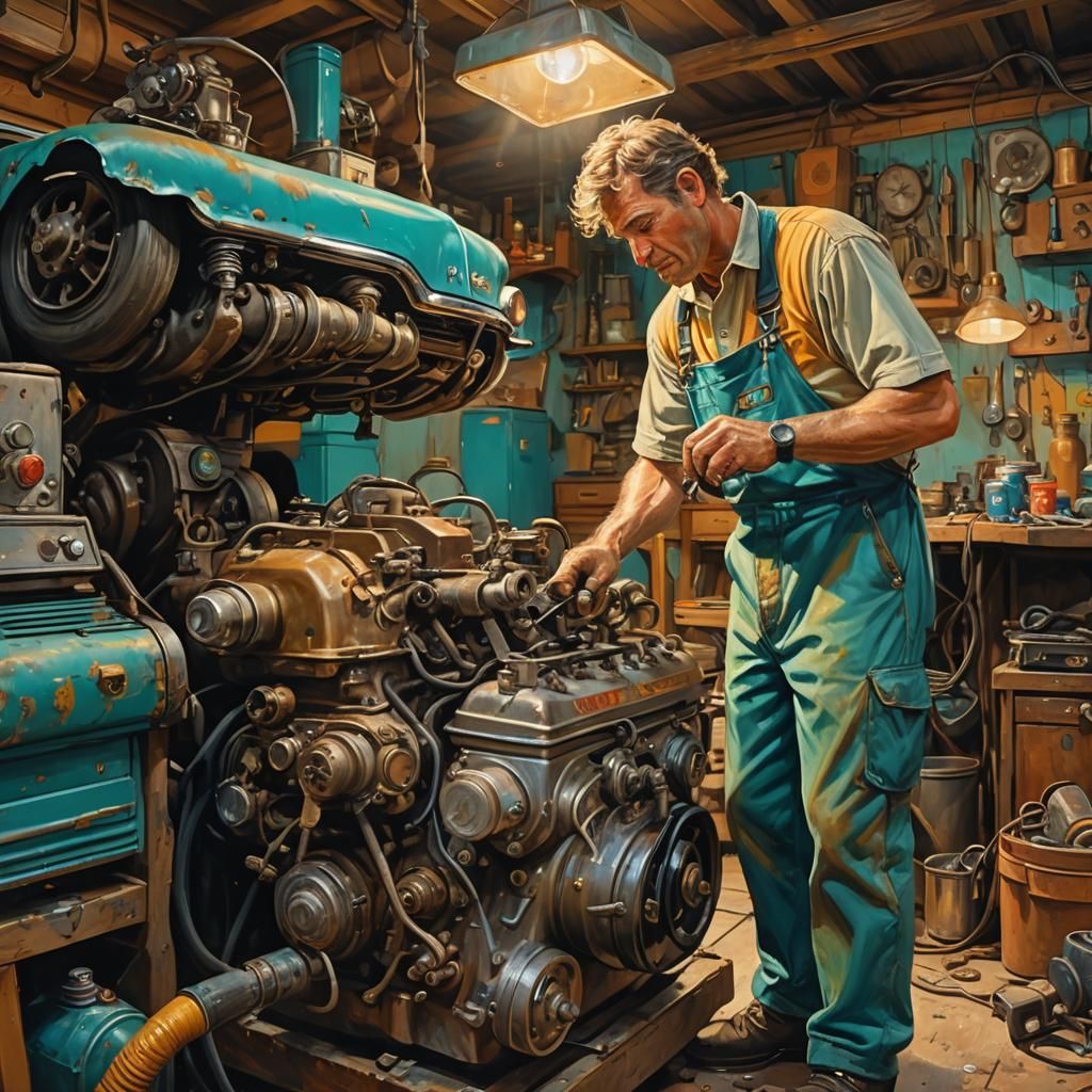 Mechanic Repairs Car Engine as Impressionist Oil Painting