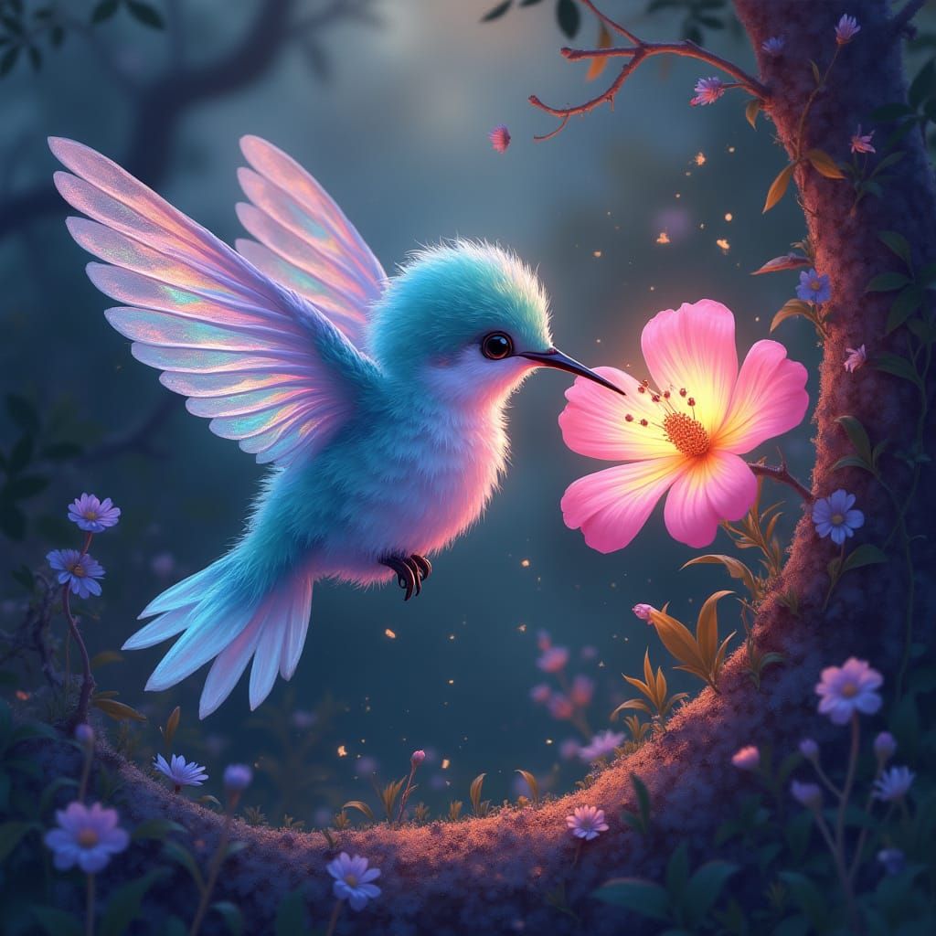 Hummingbird Sips Nectar in Miyazaki-esque Style