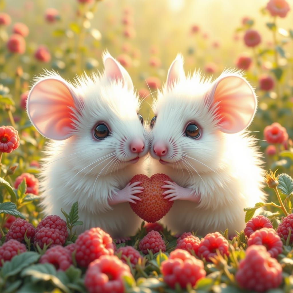Fluffy White Mice Eating Raspberries in Sunlight