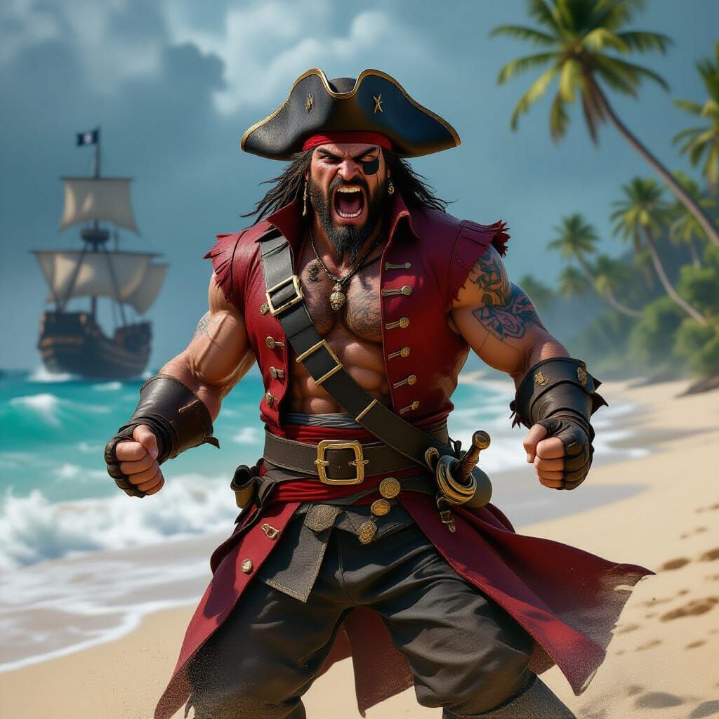 Furious Pirate Captain Roars on Stormy Beach in Hyperrealist...