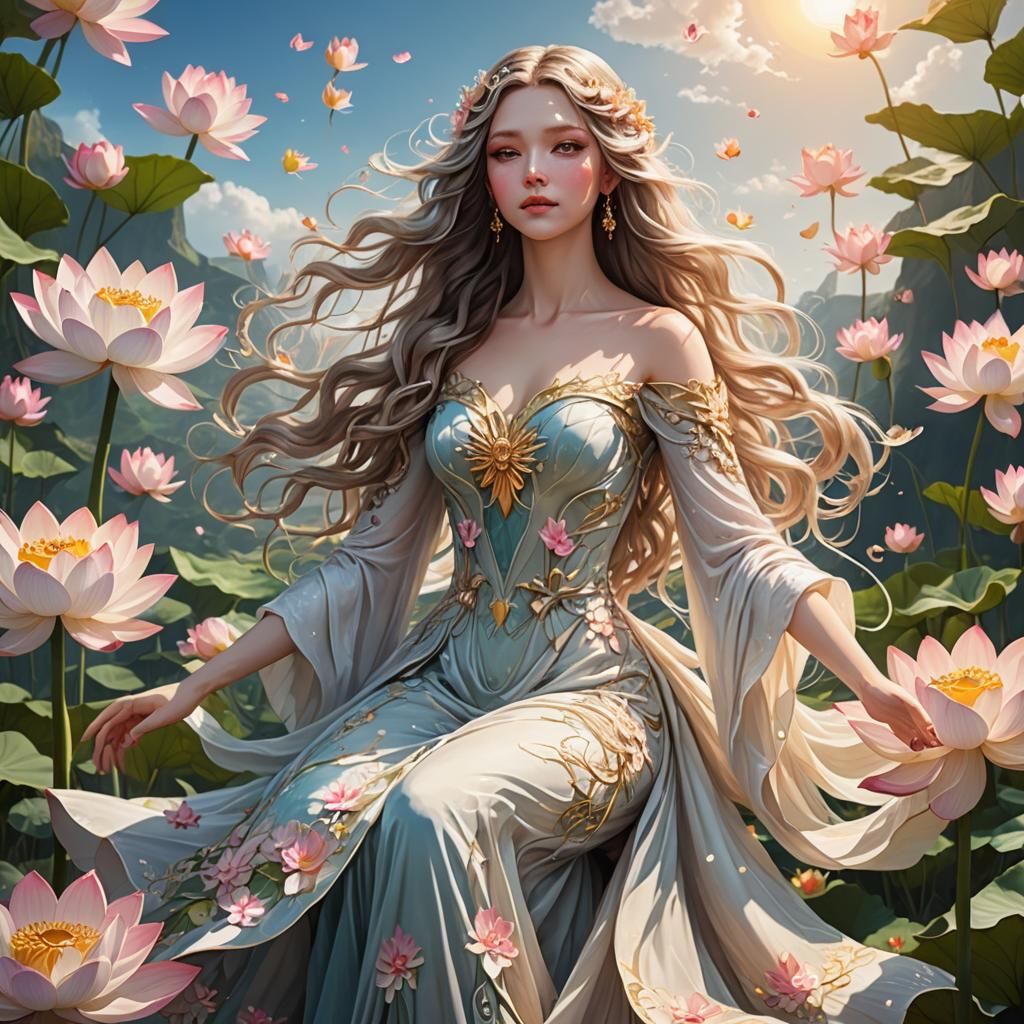 Fae Woman in Lotus Gown Reaching for Sky