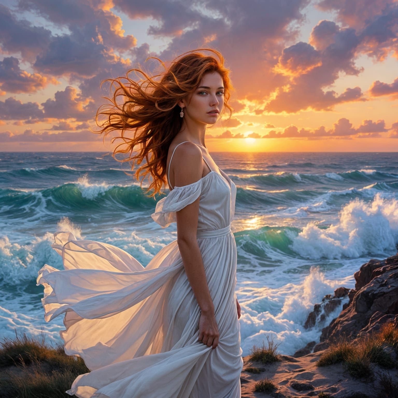 Auburn Haired Woman on Windswept Cliff