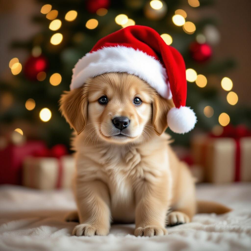Cute Golden Retriever Puppy in Santa Hat by Christmas Tree