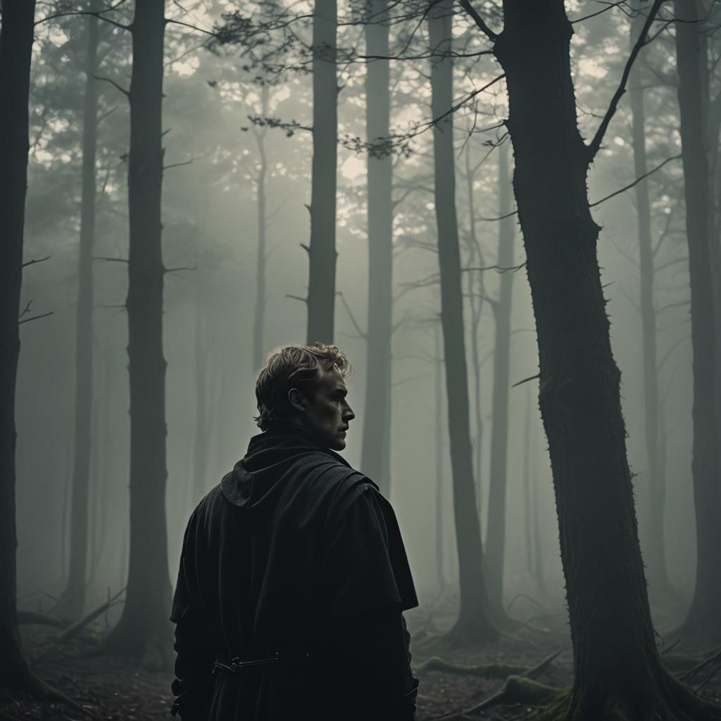 Hamlet in Misty Forest: Low-Key Cinematic Still