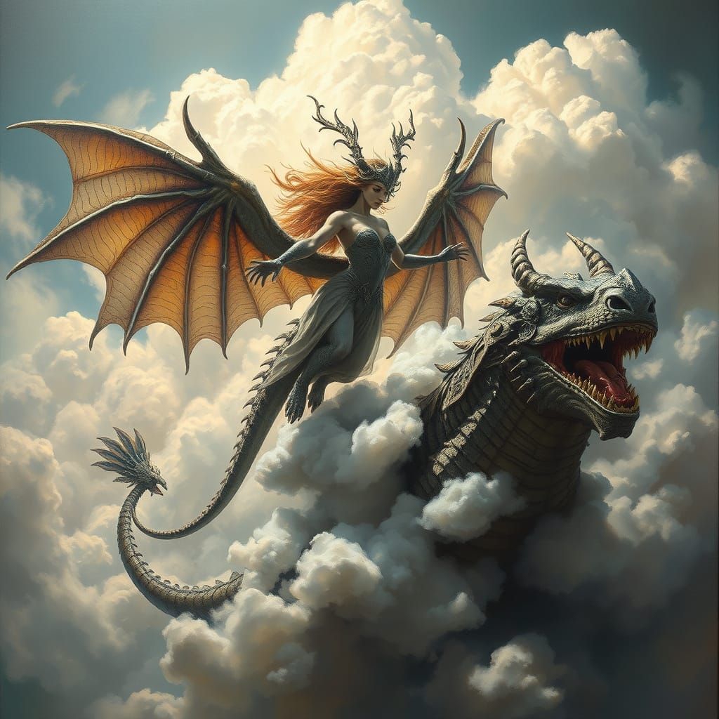 Goddess Tames Dragon in Surreal Cloud Oil Painting