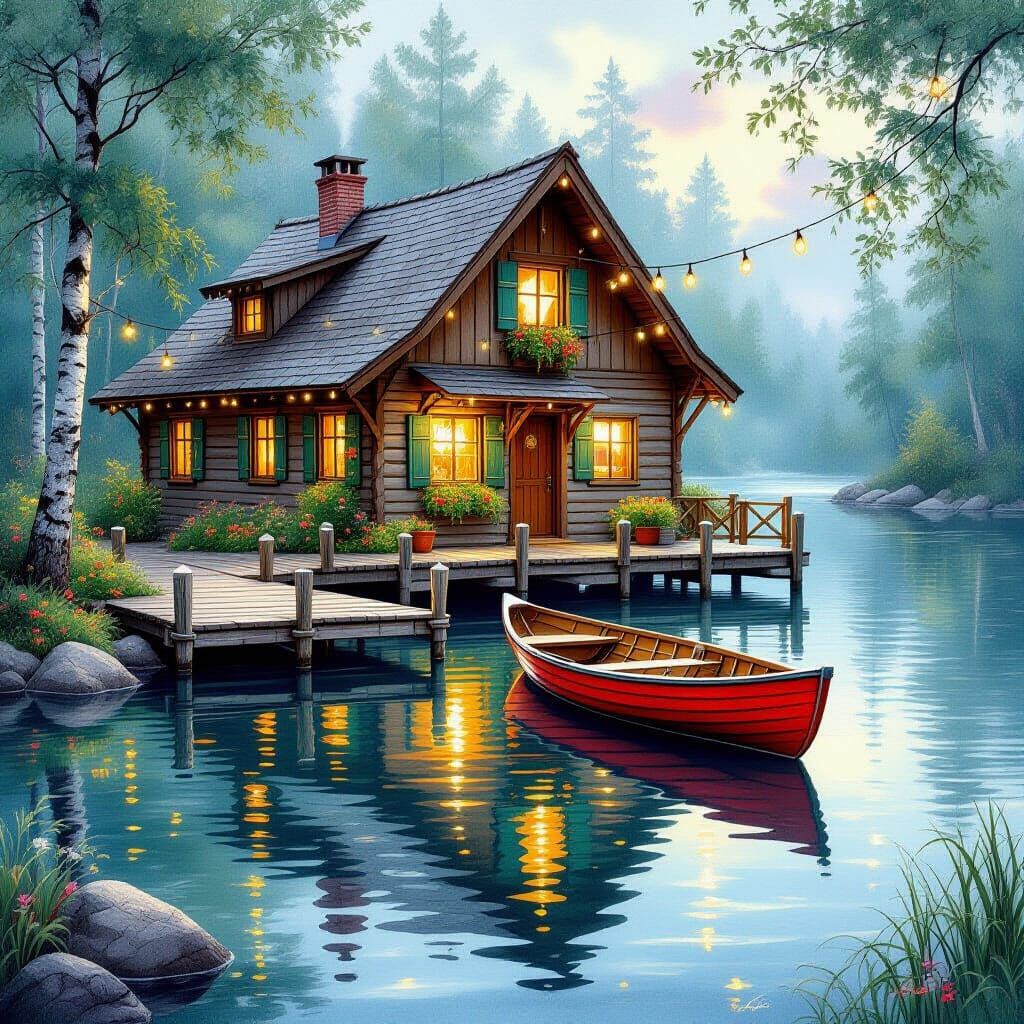Rustic Lakehouse Reflecting in Watercolor Fantasy
