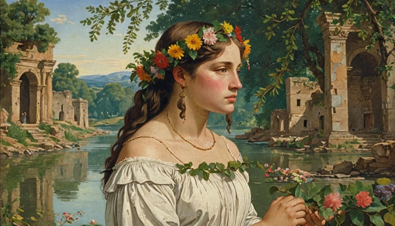Classical Woman with Flowers in Ancient Ruins