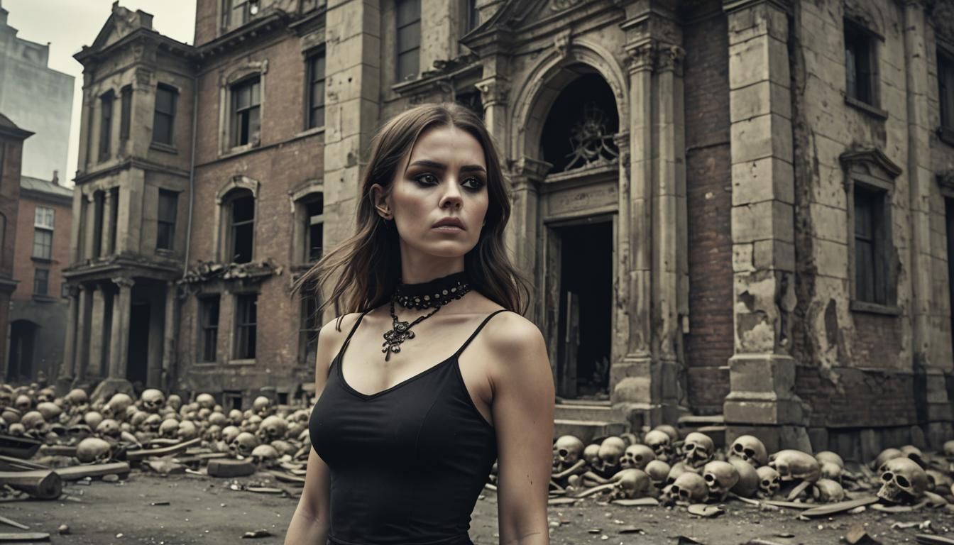 Gothic Woman at Haunted Building with Skulls