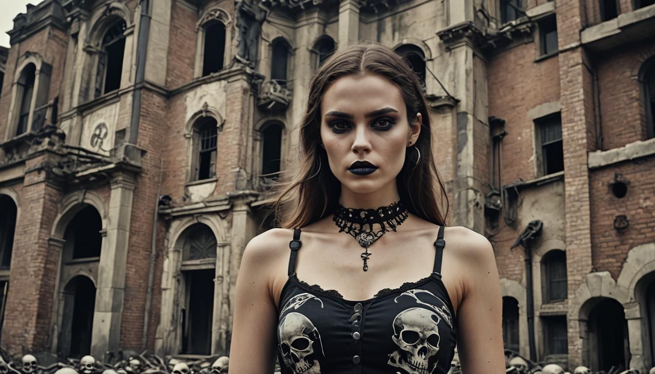 Gothic Woman at Haunted Building with Skulls