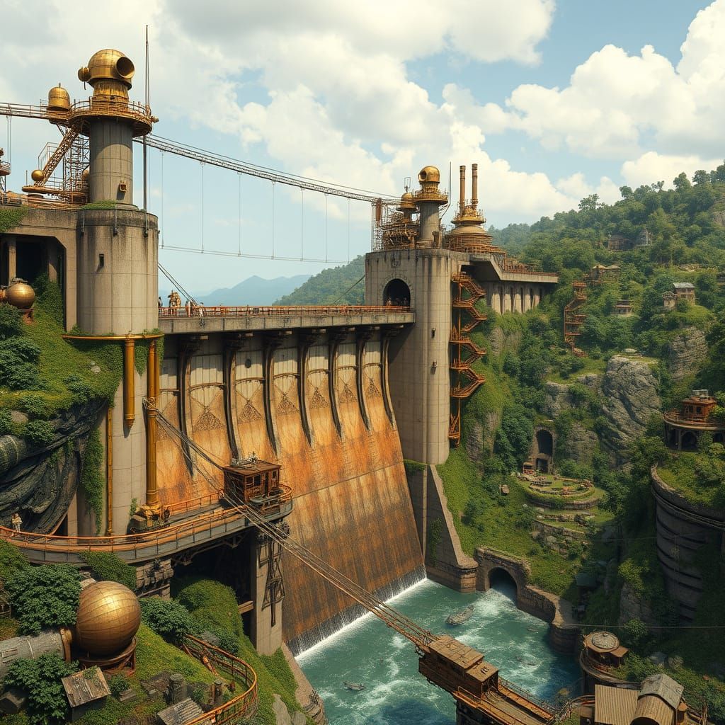 Steampunk Hydro Dam with Thriving Civilizations