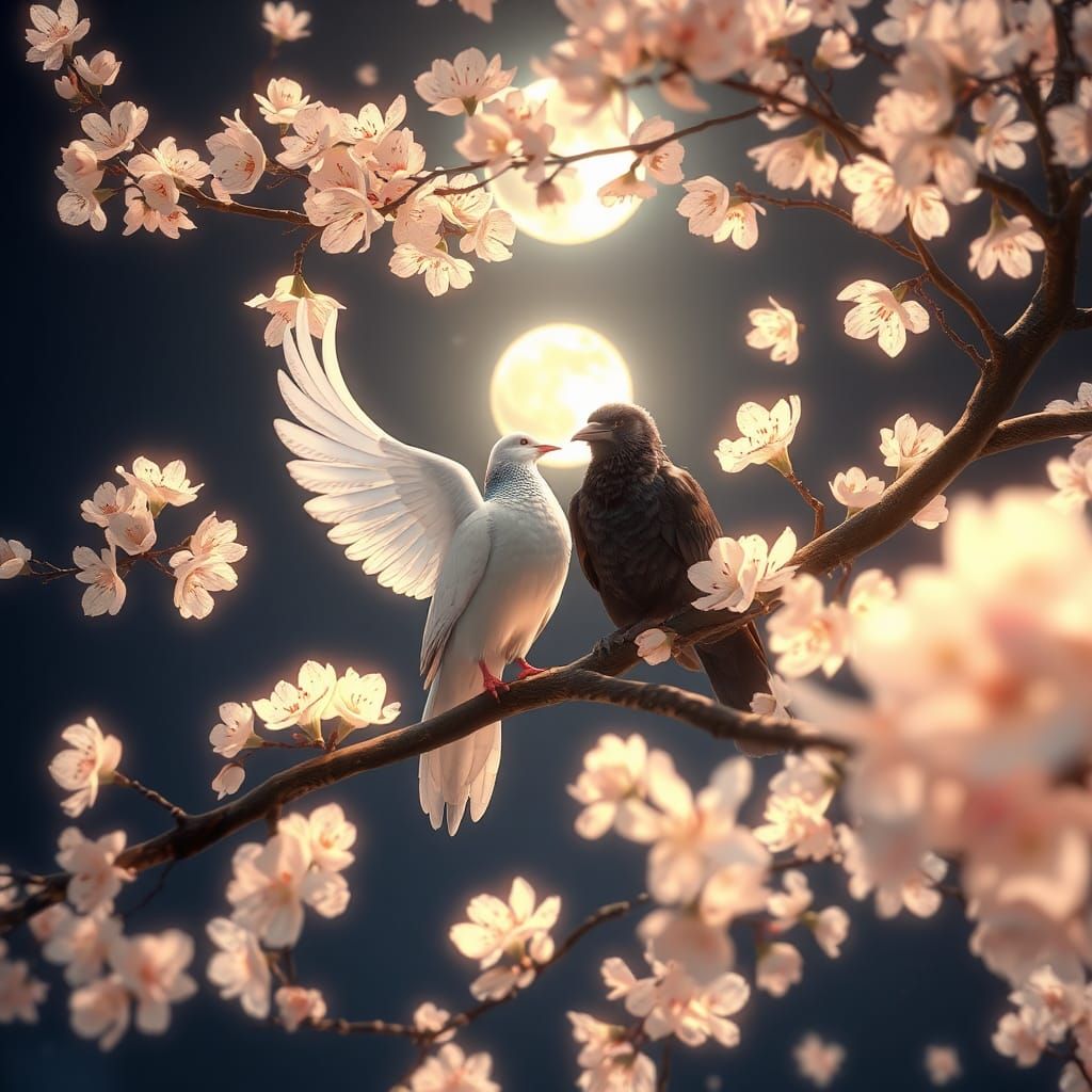 Dove and Crow Under Blossoms, Anime-Inspired 3D Art