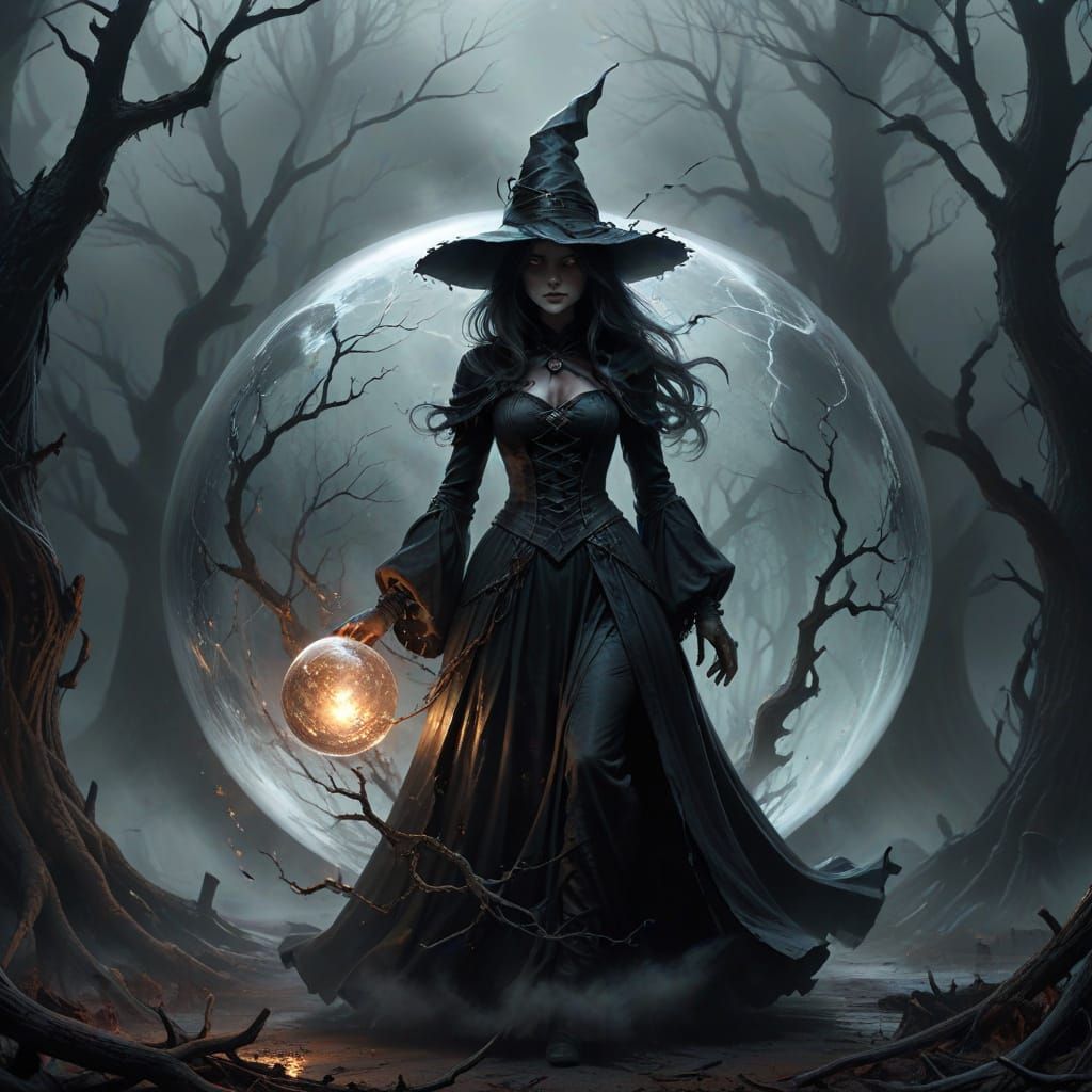 Shadowy Witch Trapped in Orb Digital Painting