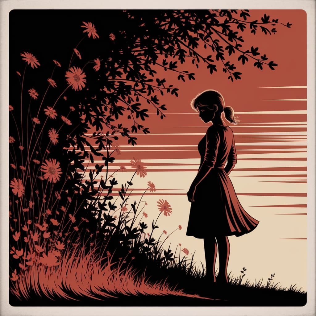 Woman in Thicket at Sunset, Retro Illustration Style