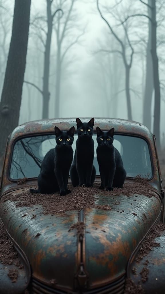 Black Cats Guarding a Rusted Car in Foggy Forest